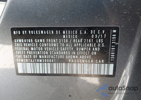 2017 Volkswagen Jetta 1.4T S z USA, uszkodzony, nr VIN 3VW2B7AJ1HM360841